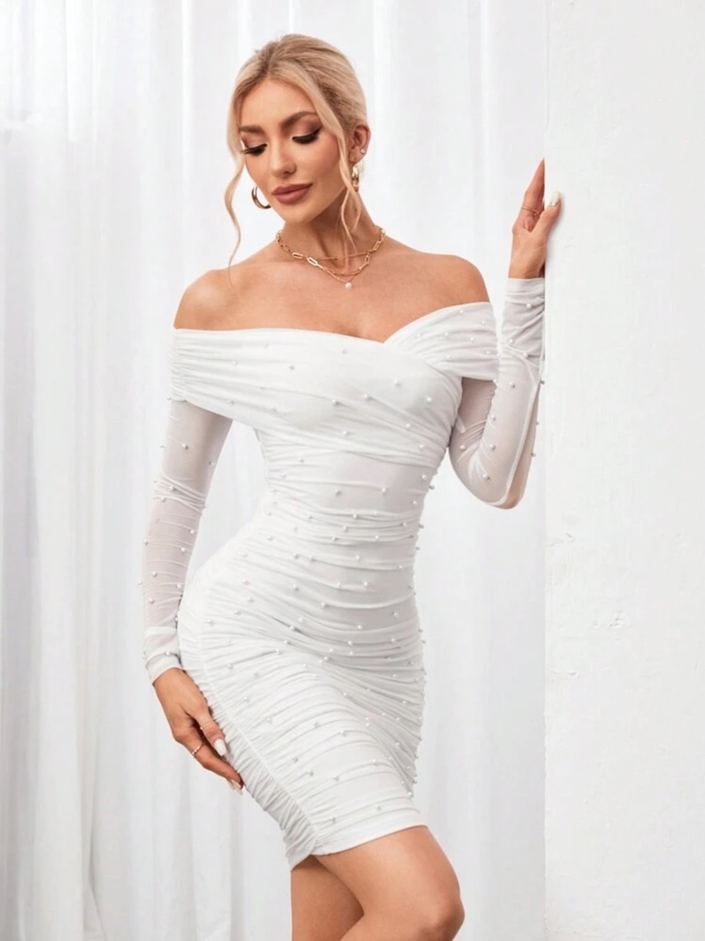 SHEIN White Off-Shoulder Ruched Midi Dress with Pearl Details
